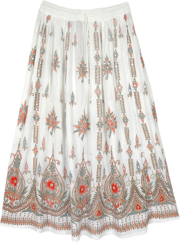 Ethnic Indian Skirt in White with Motifs and Sequins, White Dynasty Ethnic Motifs Skirt with Sequins