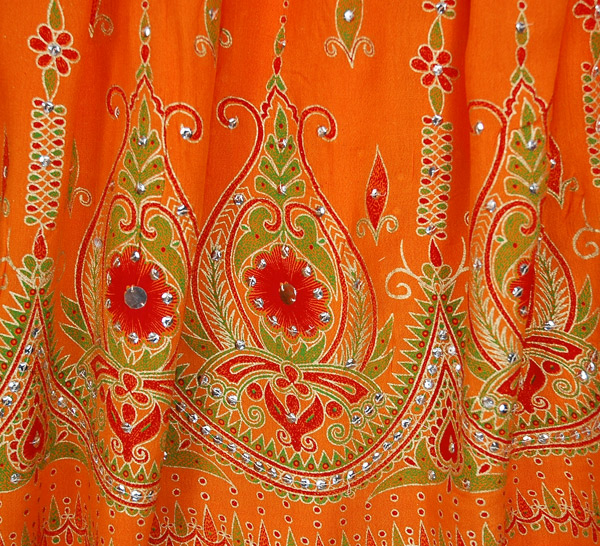 Tangerine Festive Orange Skirt with Floral Motifs and Sequins