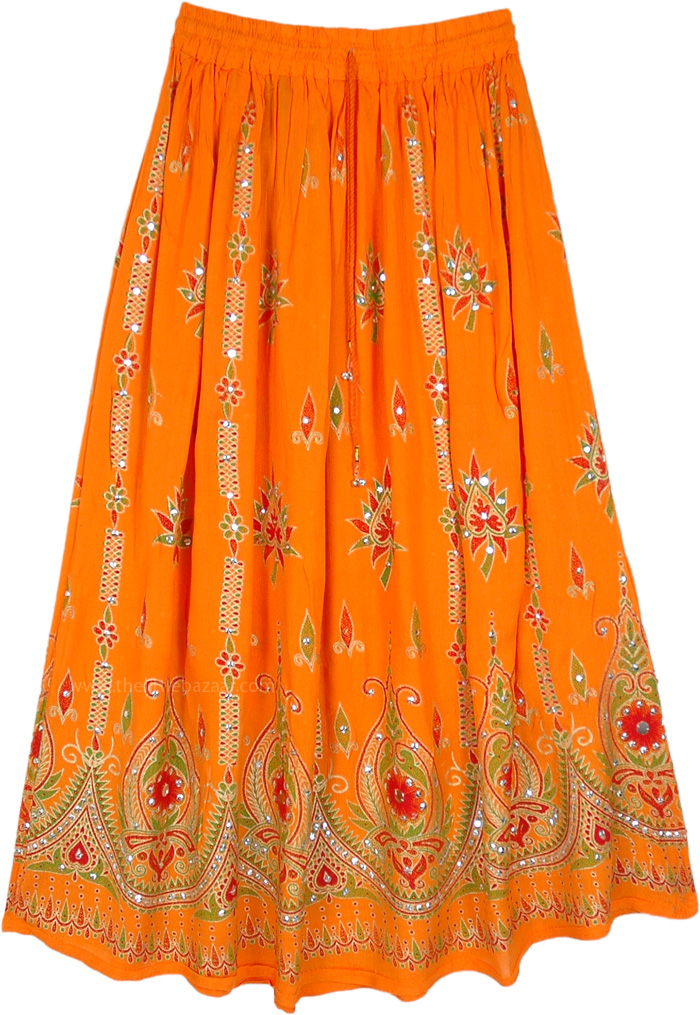 Tangerine Festive Orange Skirt with Floral Motifs and Sequins