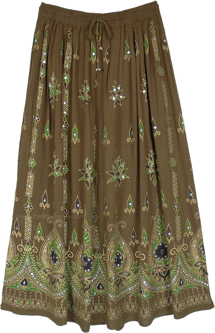 Ethnic Indian Skirt in Henna Green with Motifs and Sequins, Henna Green Sequined Festive Skirt with Floral Motifs