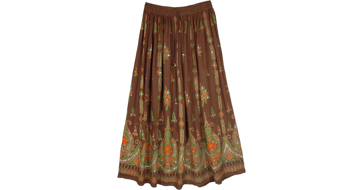 Choco Brown Festival Skirt with Floral Motifs and Sequins Sequin