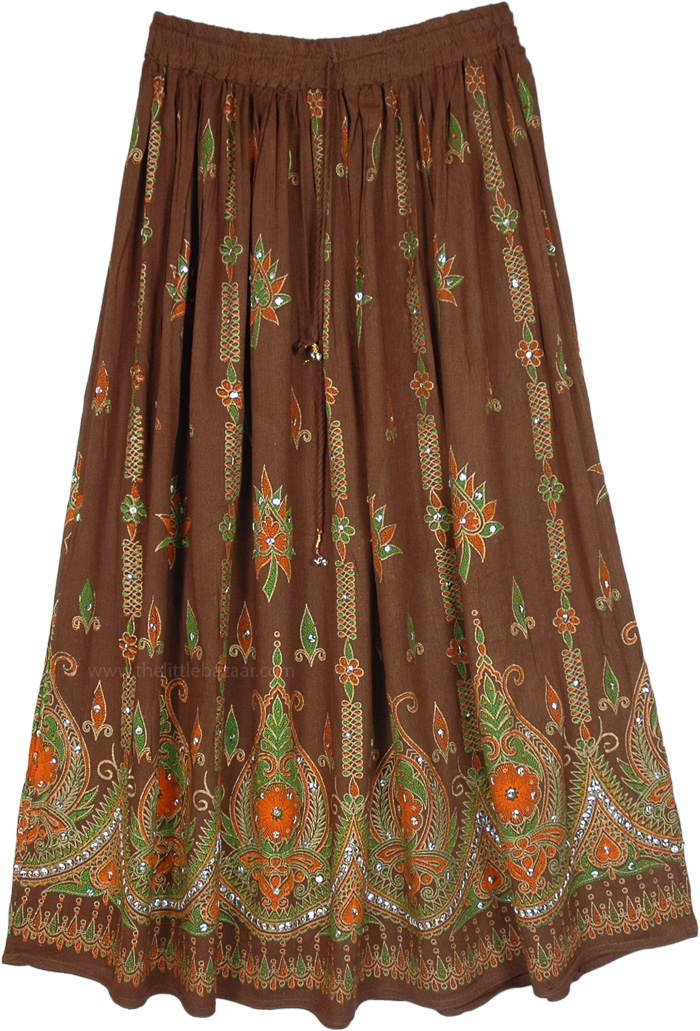 Ethnic Indian Skirt in Chocolate Brown with Motifs and Sequins, Choco Brown Festival Skirt with Floral Motifs and Sequins