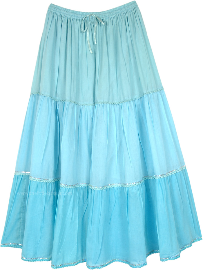 Different Blues Cotton Long Skirt with Sequins and Lace Details, Green Flares Long Cotton Skirt with Sparkles