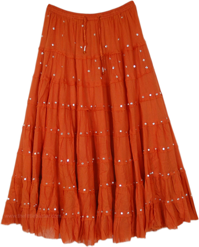 Tangerine Dreams Sequin Tiered Long Skirt in Cotton