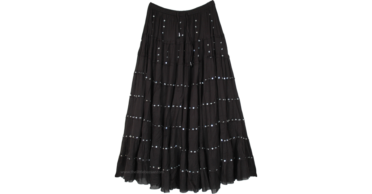 Ebony Beauty Sequin Tiered Long Skirt in Cotton | Sequin-Skirts | Black ...