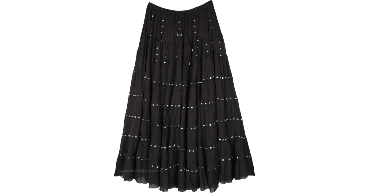 Ebony Beauty Sequin Tiered Long Skirt in Cotton SequinSkirts Black