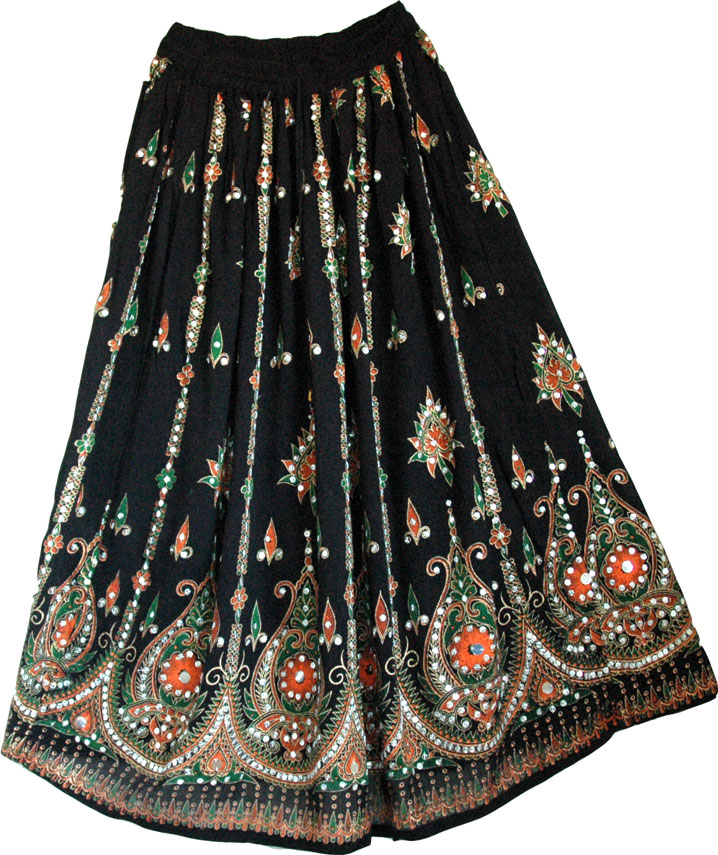 Belly Dance Orange Black Sequin Long Skirt