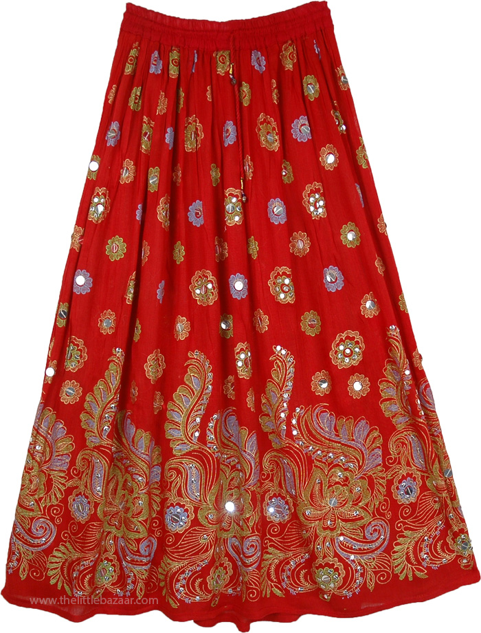 Passion Red Sequin Long Skirt with Elastic Waist