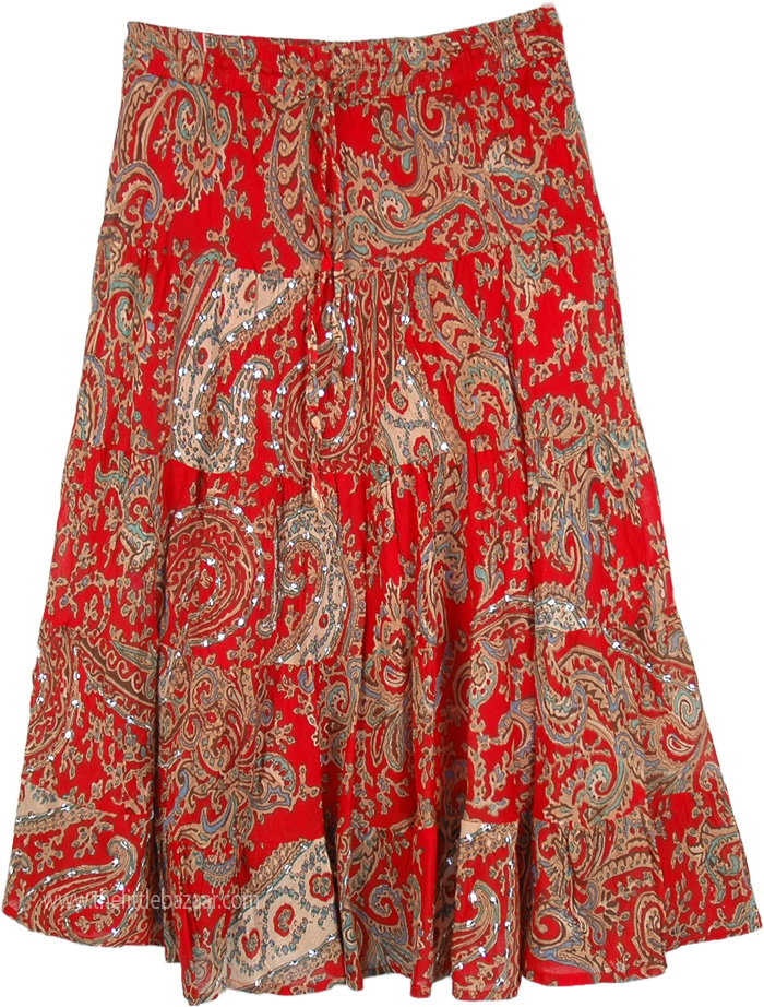 Party Red Beige Paisley Cotton Midi Skirt