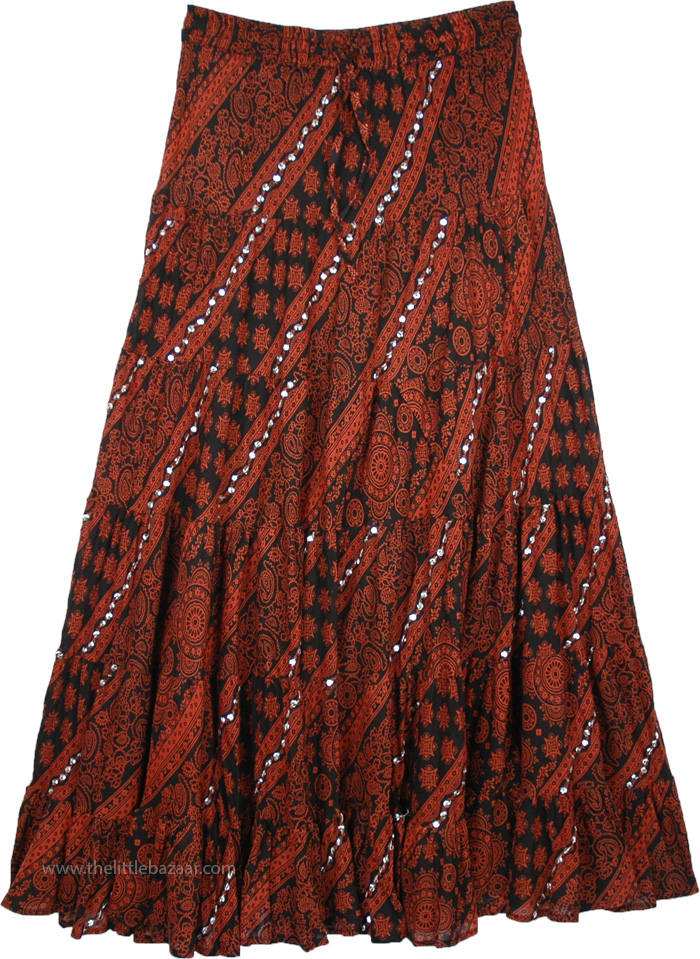 Terracotta Silver Sequin Tiered Cotton Skirt in Floral Print