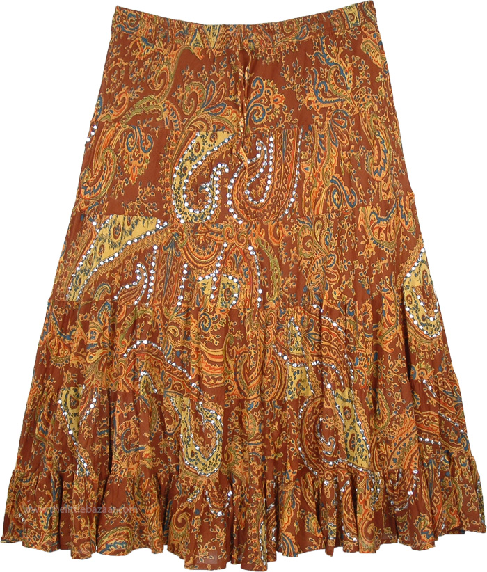 Plus Size Copper Paisley Cotton Tiered Sequin Summer Skirt