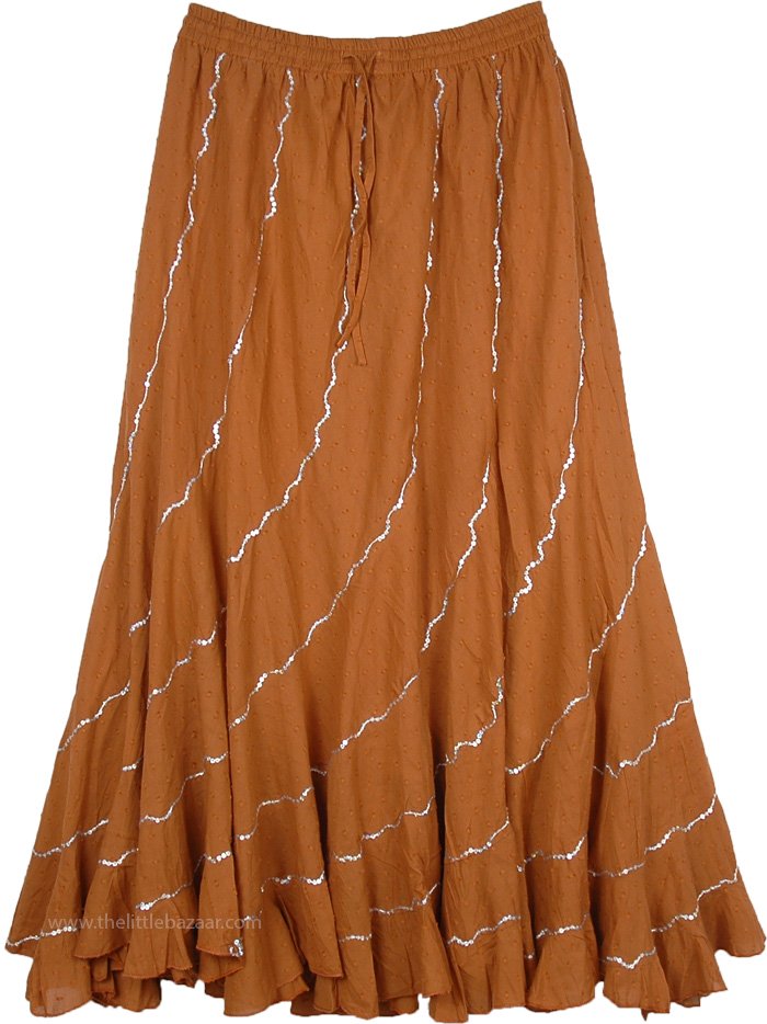 Spiral Cut Long Cotton Skirt Copper Tone with Silver Sequins