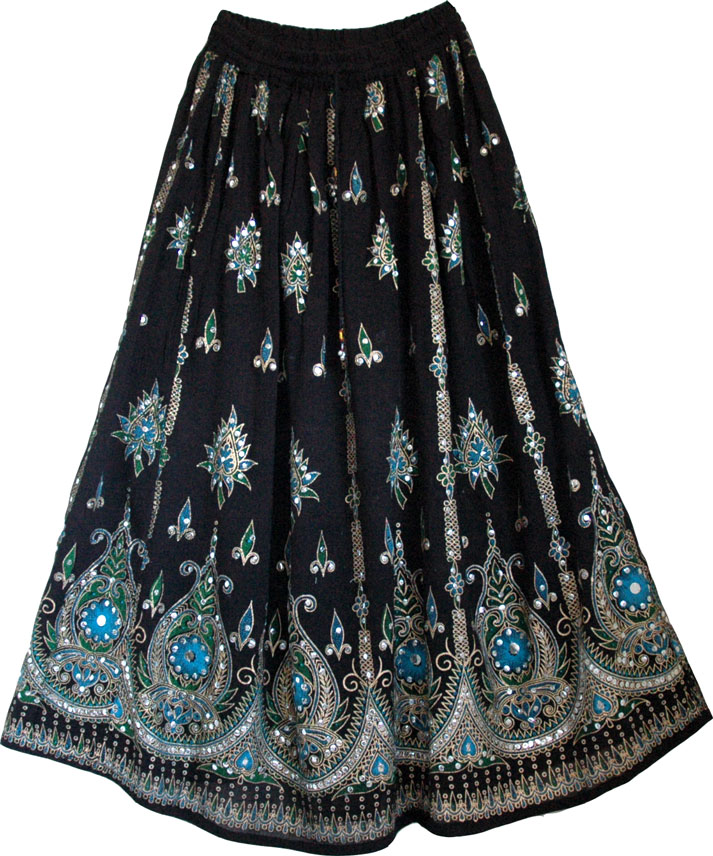 Plus Size Black Sequin Long Skirt Street Wear with Blue