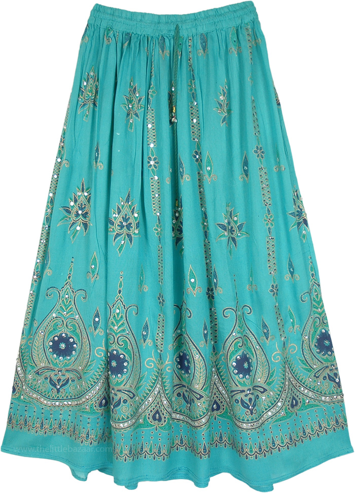 Aqua Green Festive Skirt with Motifs and Sequins