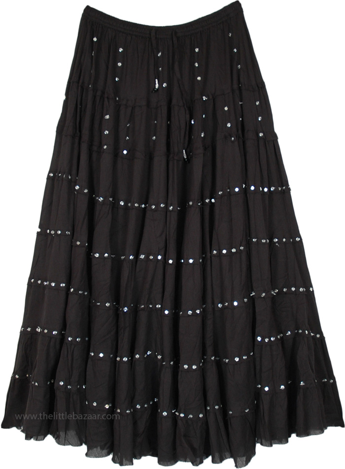 Ebony Beauty Sequin Tiered Long Skirt in Cotton