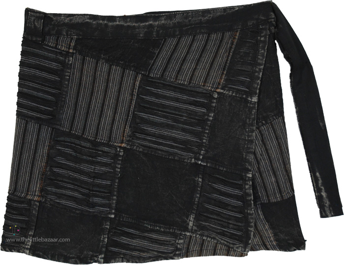 Gothic Black Patchwork Razor-Cut Short Wrap Skirt