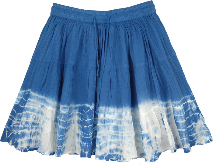 Beach Water Blue Flared Short Skirt with White Tie and Dye