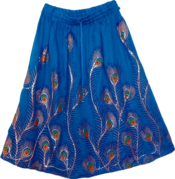 Long Skirt with Printed Peacock Feather and Embroidered Sequins | Exotic  India Art