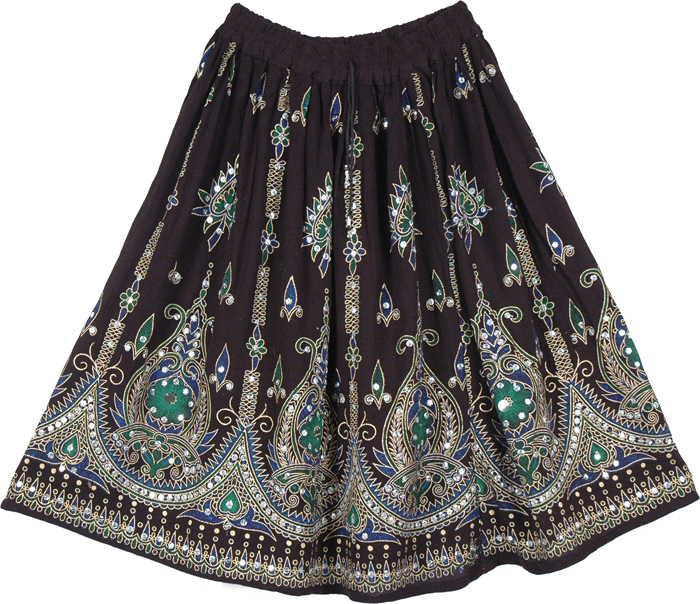 Sequined Rayon Knee Length Skirt in Black, Black Sequin Embellished Knee Length Skirt
