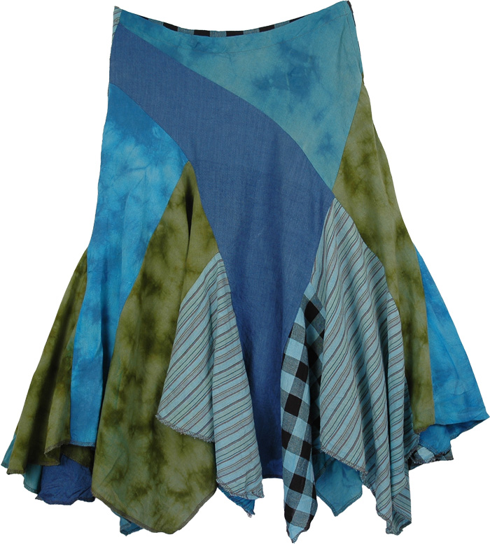 Cheery Blue Patchwork Bohemian Uneven Hem Skirt