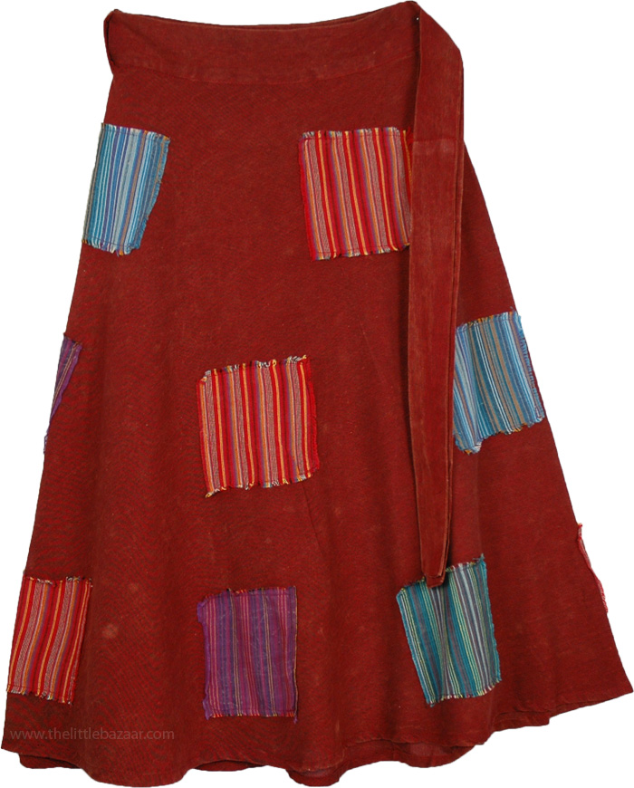 Khaddar Wrap Around Skirt, Old Brick Stripes Patchwork Wrapper Skirt