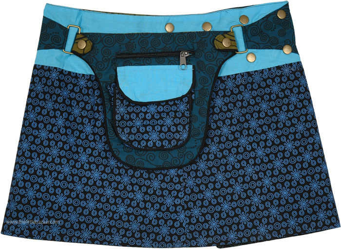 Boho Blue Reversible Snap Wrap Mini Skirt with Pockets