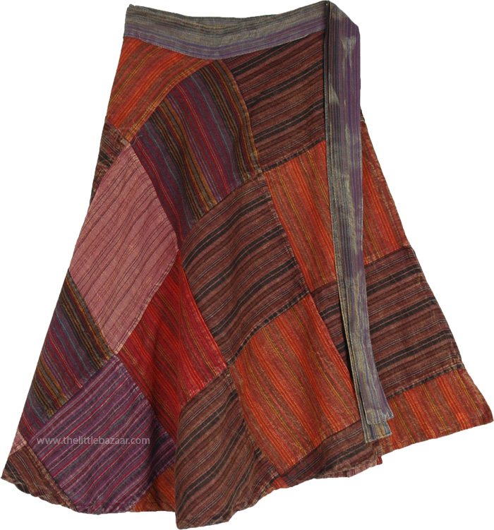 Dark Earth Square Patch-Work Mid-Length Wrap Skirt