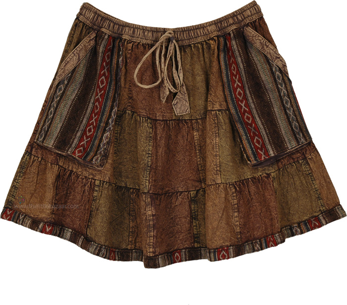 Patch Bohemian Cotton Mini Skirt in Brown, Brown Earth Patchwork Cotton Mini Skirt