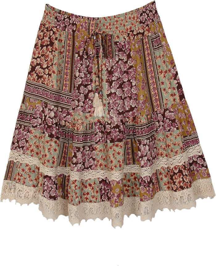 Plum Floral Patchwork Crochet Hem Midi Skirt, Moody Floral Crochet Hem Boho Midi Skirt