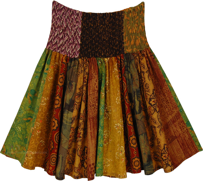 Marigold Caravan Smocked Waist Boho Knee Skirt, Marigold Caravan Smocked Knee Length Skirt