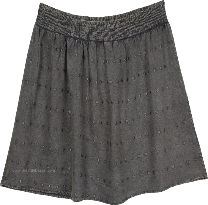 Stonewashed Grey Embroidered Knee Length Western Skirt