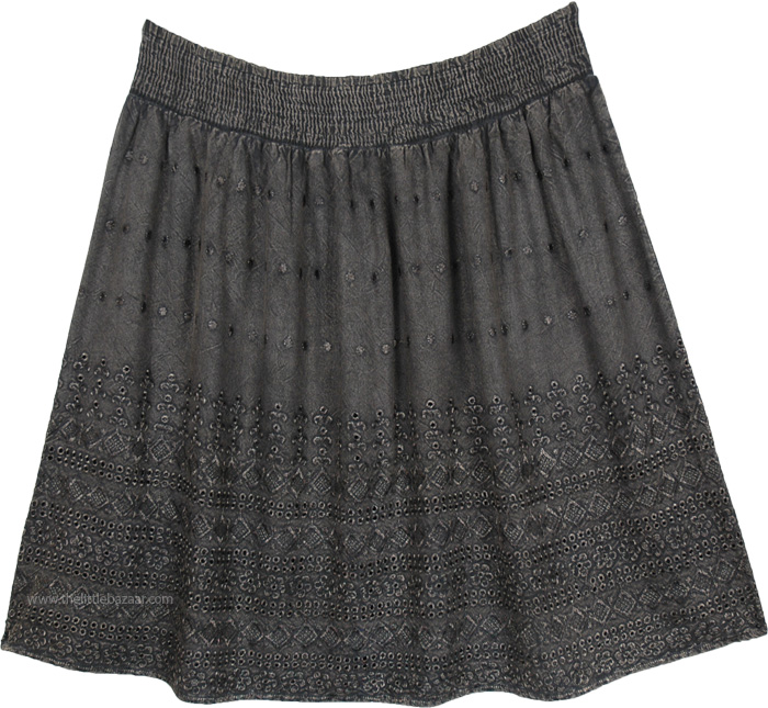 Stonewashed Grey Embroidered Knee Length Western Skirt