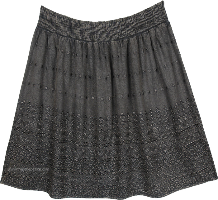 Stonewashed Grey Embroidered Knee Length Western Skirt | Short-Skirts ...