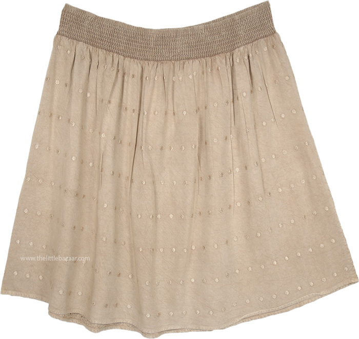 Sepia Beige Embroidered Short Gypsy Skirt with Stonewash Effect