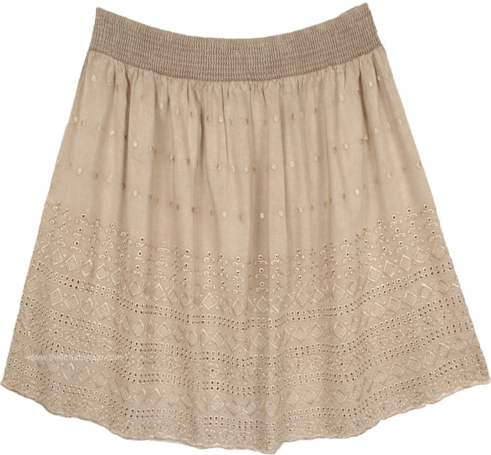 Sepia Beige Embroidered Short Gypsy Skirt with Stonewash Effect | Short ...