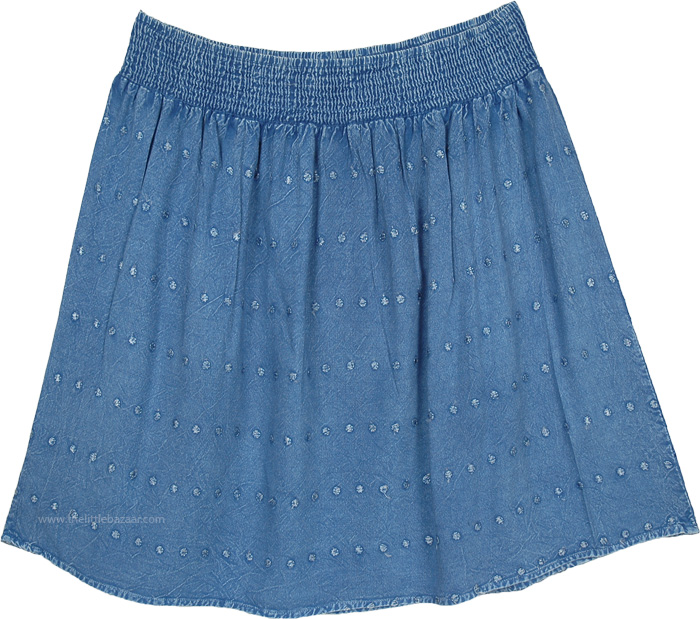 Carolina Blue Stonewash Western Knee Skirt with Embroidery