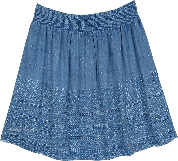 Carolina Blue Stonewash Western Knee Skirt with Embroidery