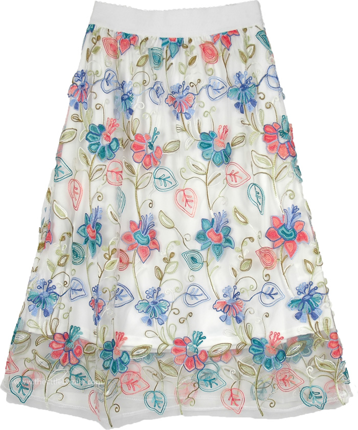 Pink and Blue Floral Embroidery Sheer White Spring Skirt