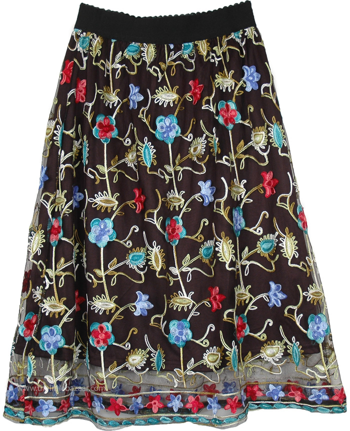 Gypsy Sheer Black Skirt with Colorful Mexican Embroidery