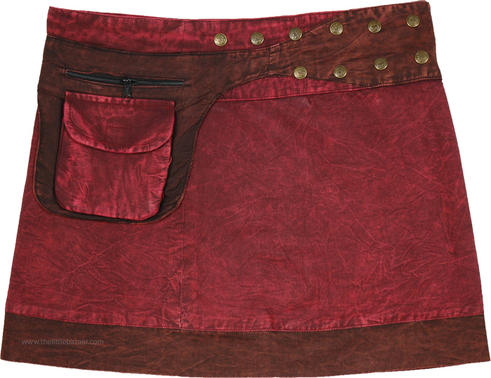 Wine Red Stonewashed Snap Wrap Short Skirt in Cotton