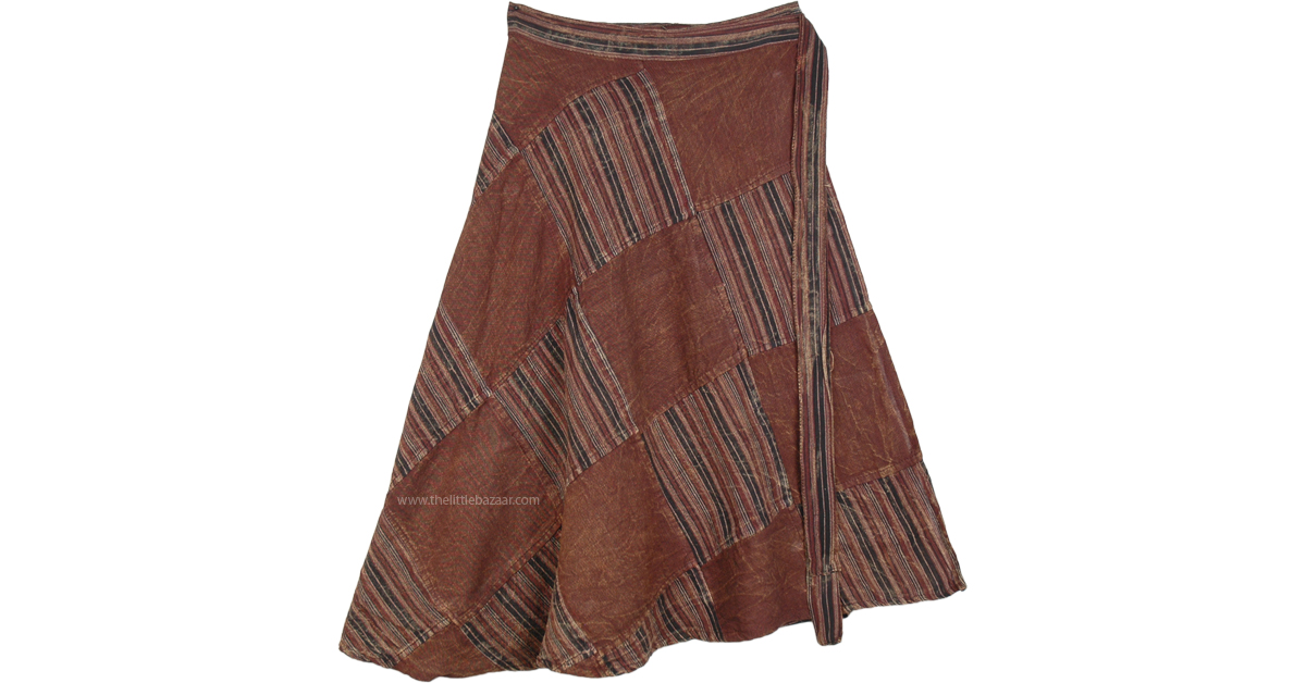 Brown Patchwork Cotton Wrap Around Skirt Knee Length ShortSkirts
