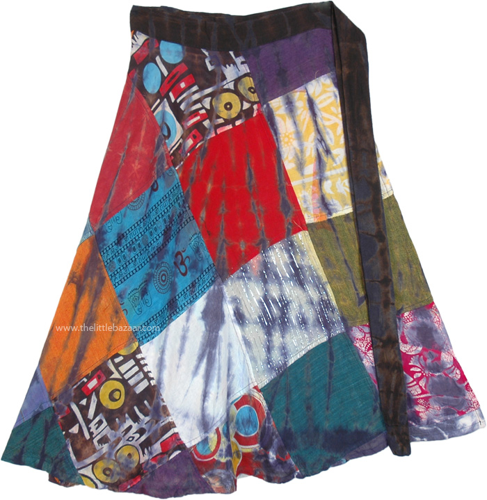 Fall Colors Vertical Patchwork Mid Length Skirt with Thread Fringes