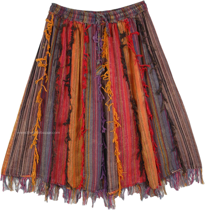 Fall Colors Vertical Patchwork Mid Length Skirt with Thread Fringes
