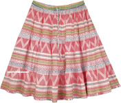 Red Printed Easy Short Pull On Skirt in Pure Cotton  [6252]