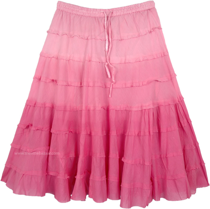 Pink Ombre Knee Length Summer Skirt with Tiers Short Skirts Pink Tiered Skirt Vacation Beach Gift Jacket Solid