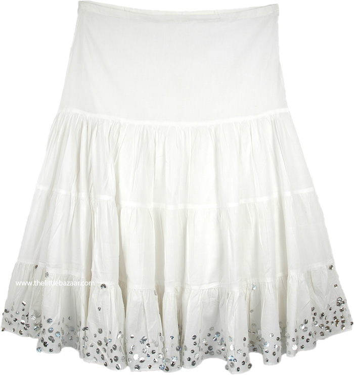 Milky White Sequined Mid Length Skirt with Tiers