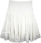 Milky White Sequined Mid Length Skirt with Tiers