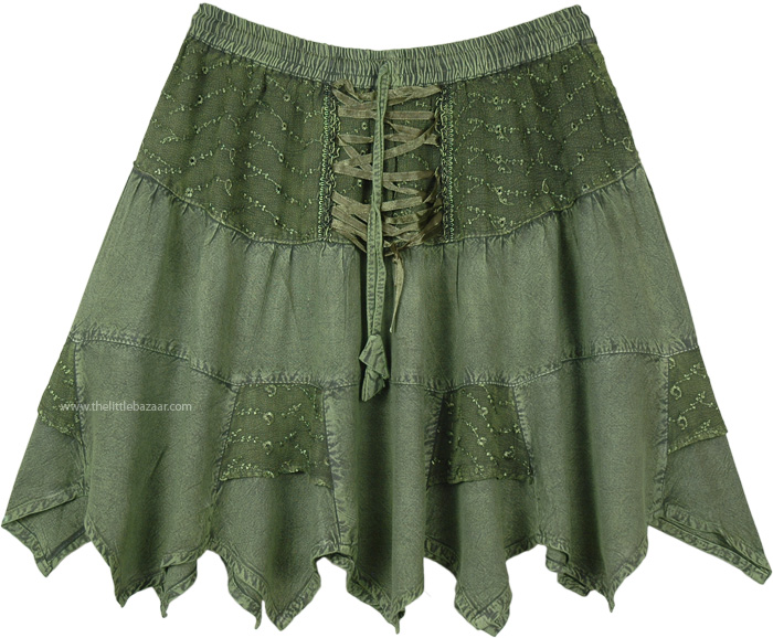 Olive Green Rodeo Mini Skirt with Tiers and Tie Up Lace, Short-Skirts, Green