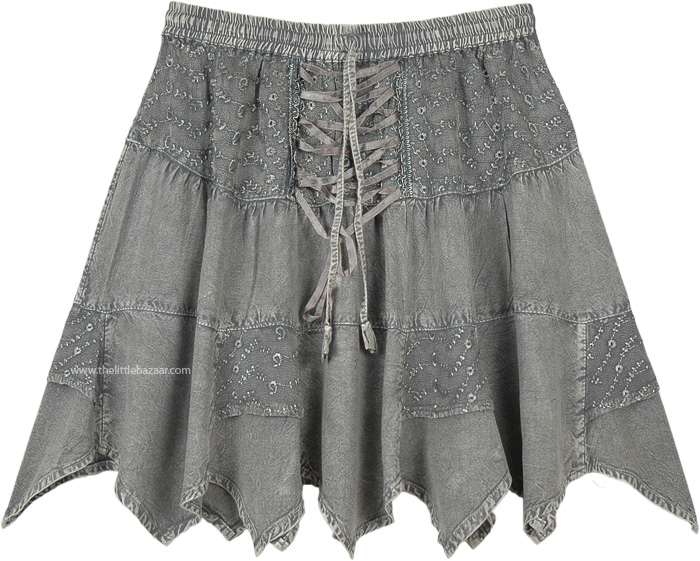 Saddle Up Steel Grey Mini Skirt with Tiers and Tie Up Lace