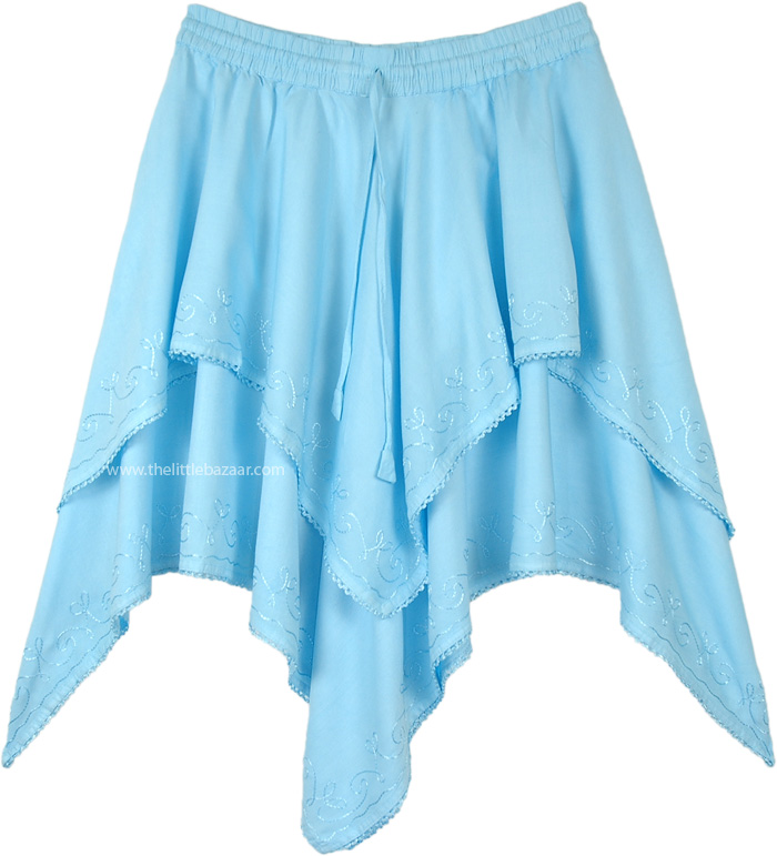 Sky Blue Handkerchief Hem Double Layered Skirt